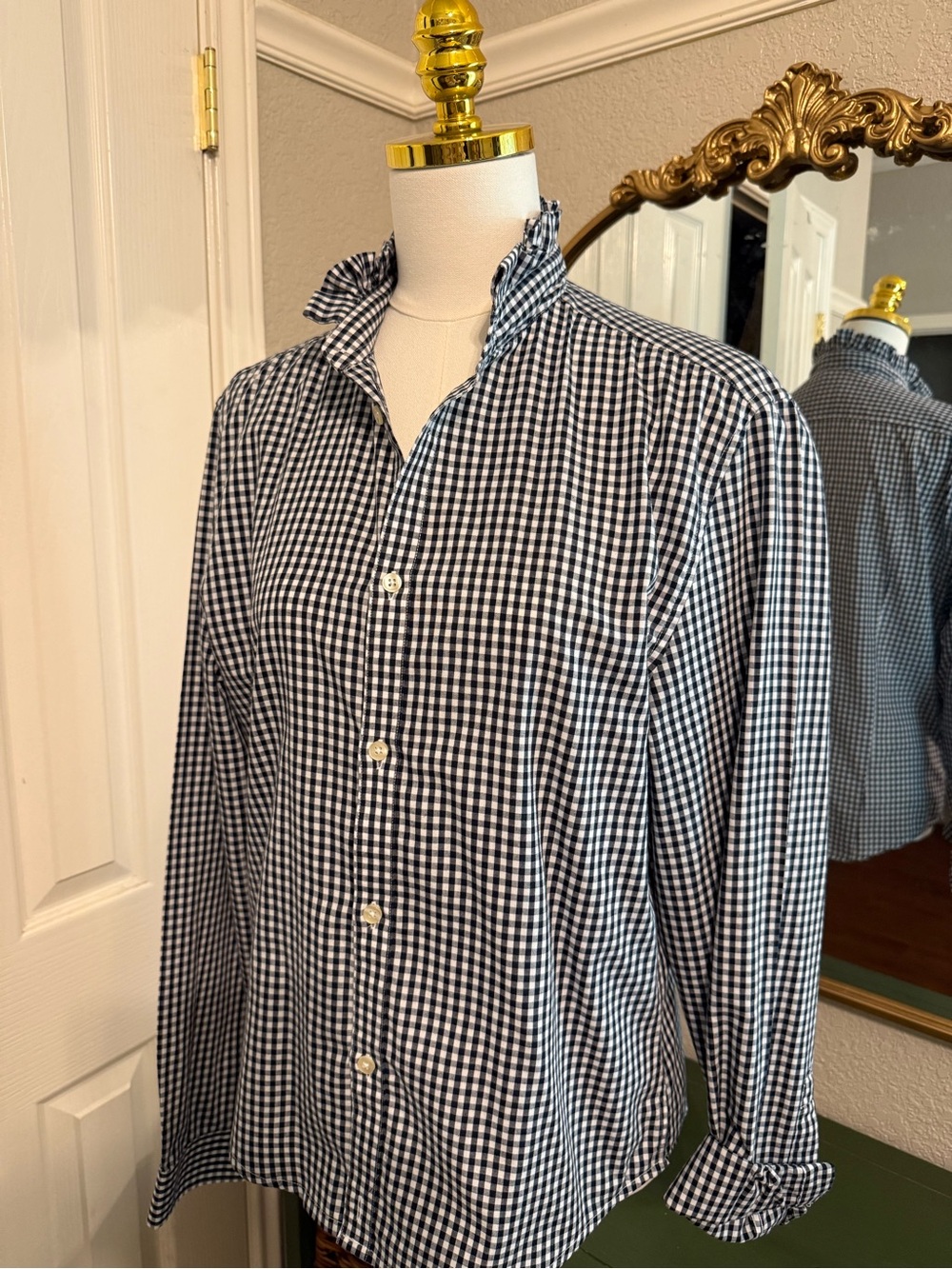 H&M Black & White Gingham Ruffle Collar Boutique Button-Down Shirt